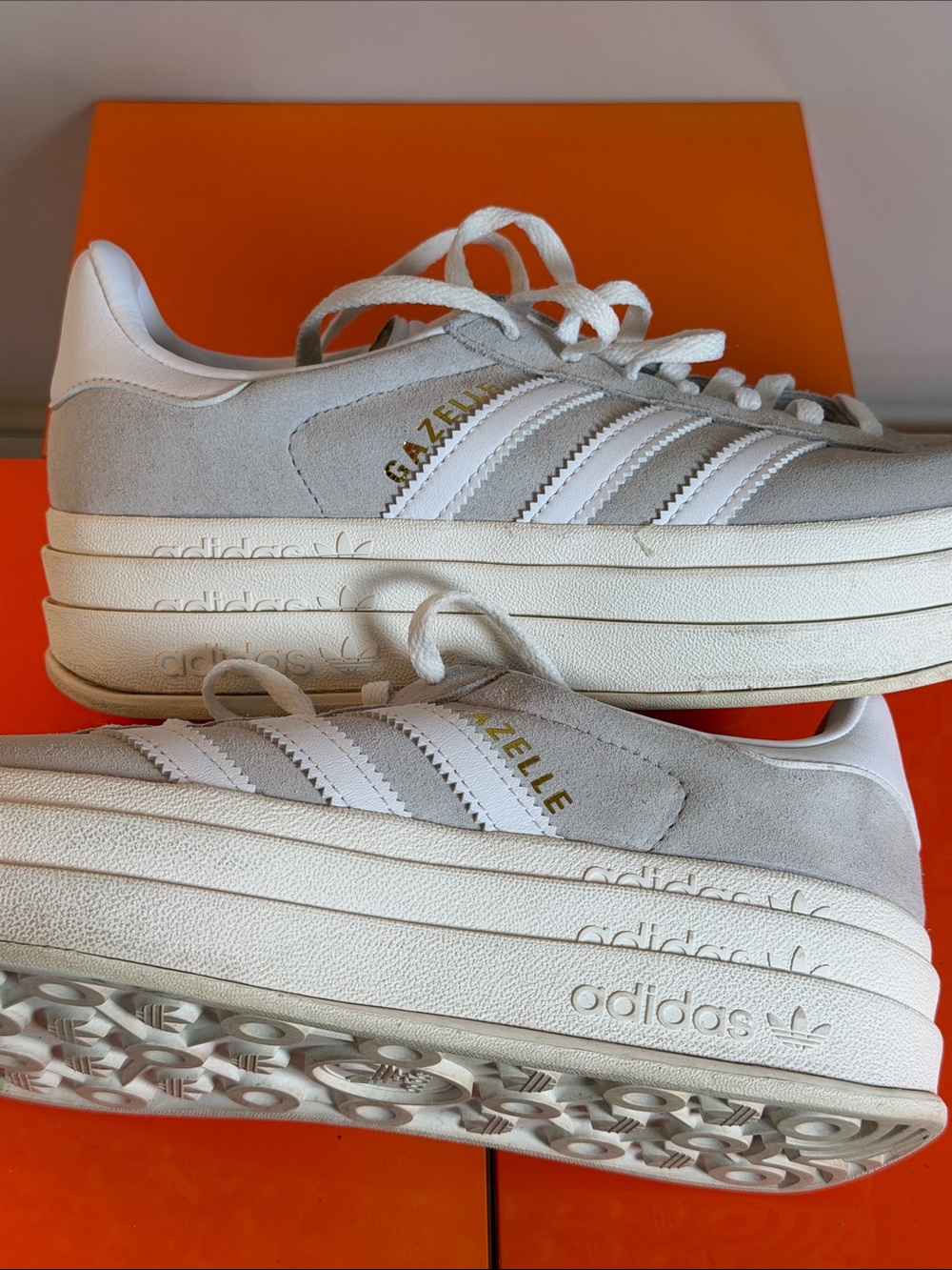 Adidas Gazelle Bold Women’s Light Gray Suede Sneakers with White Stripes - Picture 6 of 9